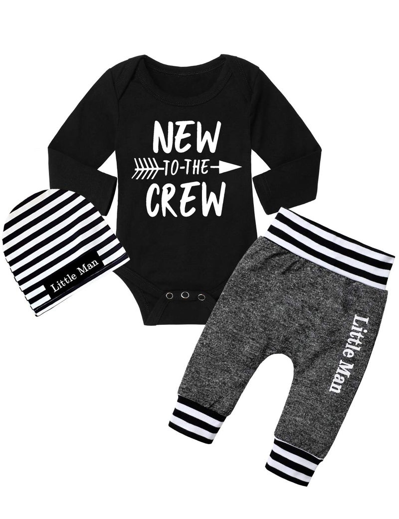 Fommy Baby Boy Clothes 3-6 Months Baby New to The Crew Outfits Set Letter Print Black Romper+Pants+Hat 3PCS Little Man Infant Baby Boy Outfits Set - Image 1